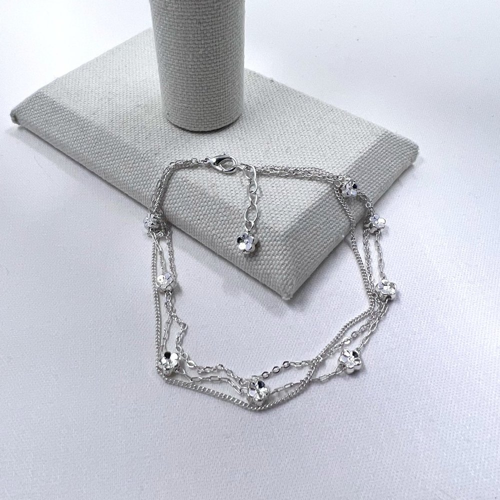 Bright Silver Toned Three Strand 9” Chain Ankle Bracelet with Small Flower Charm